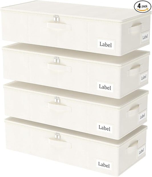 Yawinhe Underbed Bags, Storage Containers Bags with Lid, Foldable Blanket Bins, with Sturdy Zipper und Label Holders, for Clothing, 23.6''Lx11.8''Wx6''H, 4 Pack, Beige