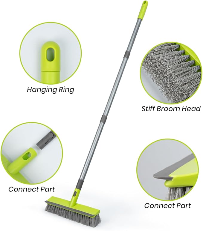 Floor Scrub Brush 2 in 1 Scrubber and Squeegee, Stiff Bristle Deck Brush for Cleaning Concrete, Patio, Garage, Kitchen, Carpet and Bathroom 57" Long Handle