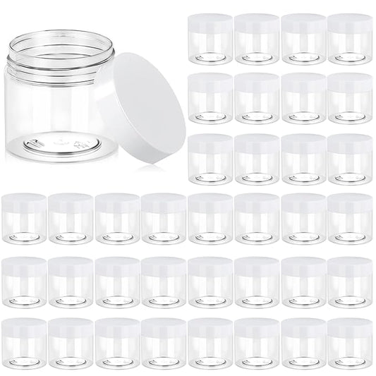 Eternal Moment 36 Pack 6 OZ Plastic Jars Round Clear Cosmetic Container Jars with White Lids, Perfect for Lotion, Slime，Cream, Ointments, Makeup, Eye Shadow, Samples, Pot, Travel Storage