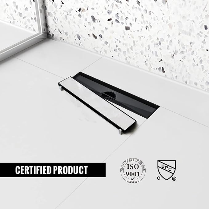 Linear Shower Drain, 12 inch Black Drain with Tile Insert 2-in-1 Panel, Brushed 304 Stainless Steel Shower Floor Drain, Linear Drain with Hair Strainer and Adjustable Feet