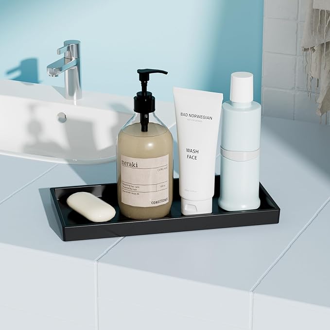 Vanity and Bathroom Tray, 9.8" ABS Countertop Organizer,Waterproof Vanity Tray for Toilet Tank,Perfume,Soap,Keys,Bathroom Accessories,Kitchen and Bath Trays,Non Slip Small Trays,Black,2 Pack