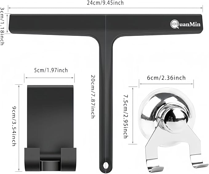 9 Inch Shower Squeegee with Hook - Heavy Duty Glass Door Scraper for Streak-Free Cleaning, Tile Walls, Shower Glass & Car Windows - Rustproof Rubber Blade & Secure Storage (Black)