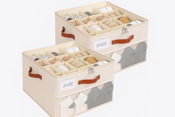 Shoe Organizer for Closet, Shoe Storage Box, Foldable Shoe Box with Adjustable Dividers and Clear Cover, Closet Shoe Organizer Fits up to 16-32 Pairs, Extra Storage Pocket for Socks (2 Pack)