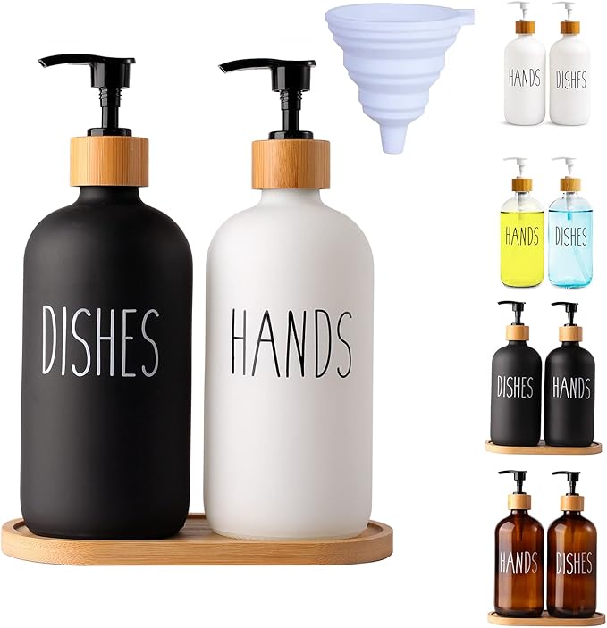 2 Pack Glass Soap Dispenser Set with Tray, Hand and Dish Glass Soap Dispensers for Kitchen Sink, Kitchen Soap Dispenser Set Suitable for Black and White Kitchen Decor
