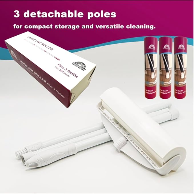 RainbowZone Large Lint Roller with 3 Refills, 9.5" Extra Wide – Total 300 Super Sticky Sheets – Extendable Long Handle Lint Roller for Pet Hair Removal, Furniture, Carpet & Household Cleaning