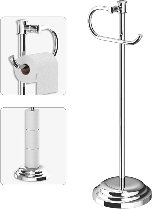 BESy Toilet Paper Holder Free Standing Bathroom Toilet Tissue Holder Stand for Floor Toilet Paper Roll Holder with Storage Hardware Accessories Rack Hand Towel Bar Polished Chrome Stainless Steel