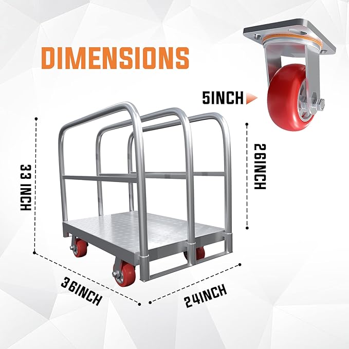 Steel Panel Truck Cart, Platform Truck, Heavy Duty Lumber Drywall Dolly, Flatbed with 2500 lbs Capacity and 4 Swivel Casters, 36x24inch Steel Board with 3 Side Handrails