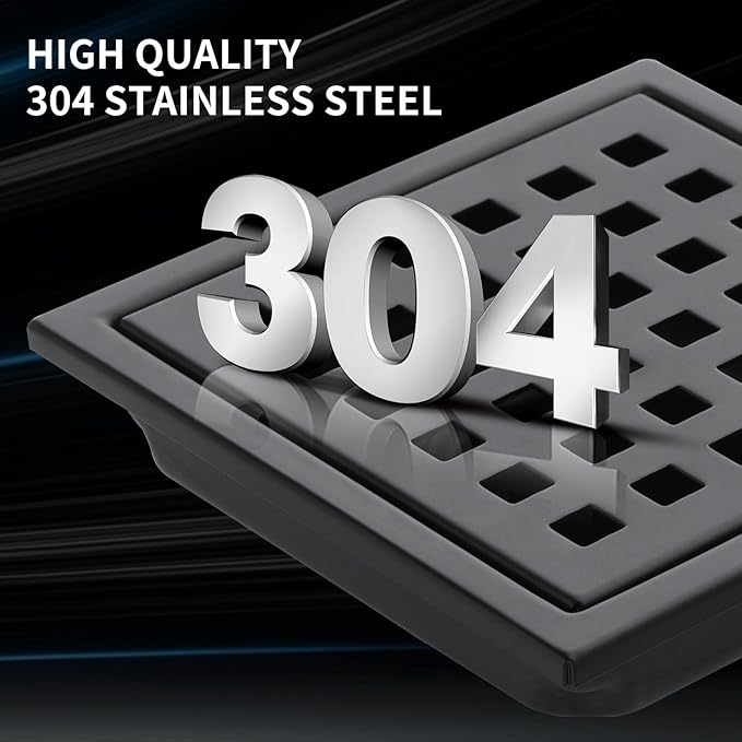 Square Shower Drain 4-Inch with ABS Flange, Matte Black, Removable Grille,Bathroom Stainless Steel Shower Floor Drain