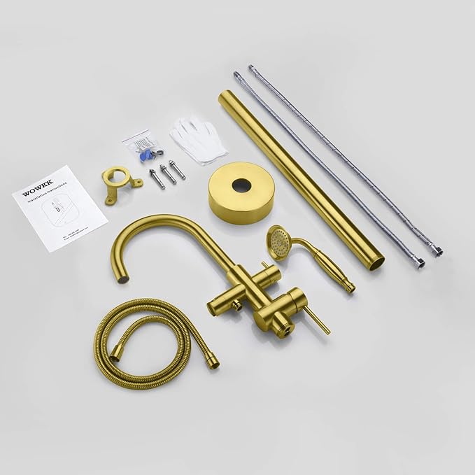 Tub Filler Freestanding Bathtub Faucet Brushed Gold Floor Mounted Brass Bathroom Tub Faucets with Hand Shower