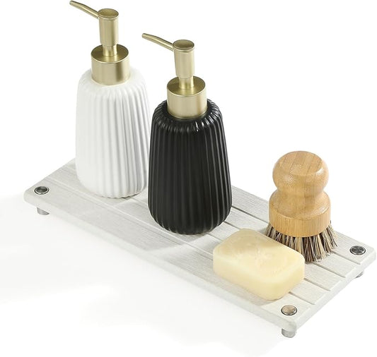 Instant Dry Sink Caddy Kitchen Sink Organizer, Quick Drying Stone Tray Diatomite Sponge Holder Soap Dish, Bathroom Countertop Fast Dry Water Absorbing Vanity Rack, Beige,12" x 5"