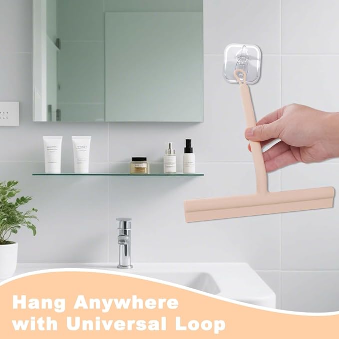 Squeegee for Shower Glass Doors, Resilient Loop - No-Drill & Adhesive Hook, Silicone Shower Squeegee with Stainless Steel Core, Cleaning Tool for Home, Kitchen, Bathroom & Car - Beige