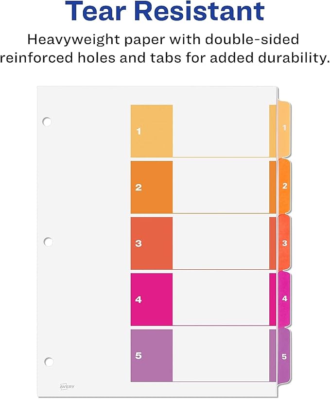 Avery Dividers for 3 Ring Binders, 5 Tabs per Set, Customizable Table of Contents, Multicolor Tabs, Great for Organizing High-Volume Reports, Projects, and More (24 Sets of 11167)