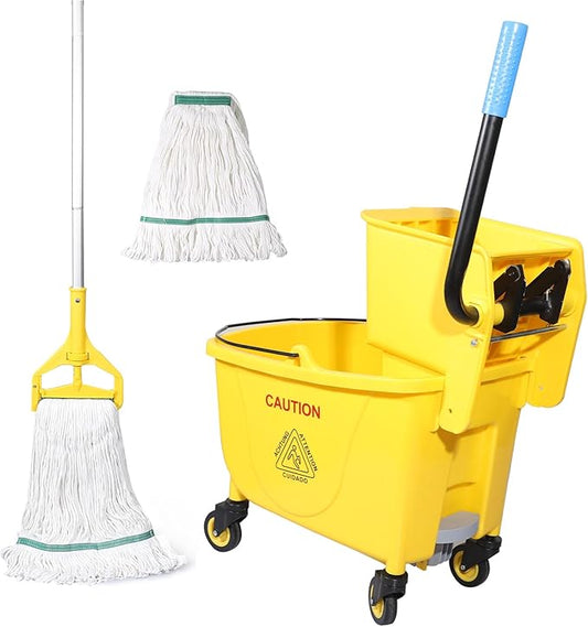 Side Press Wringer Combo Commercial Floor Cleaning Rectangular Mop Bucket on Wheels, 35-Qt, Yellow,Add One Mop and One Mop Head Replacement