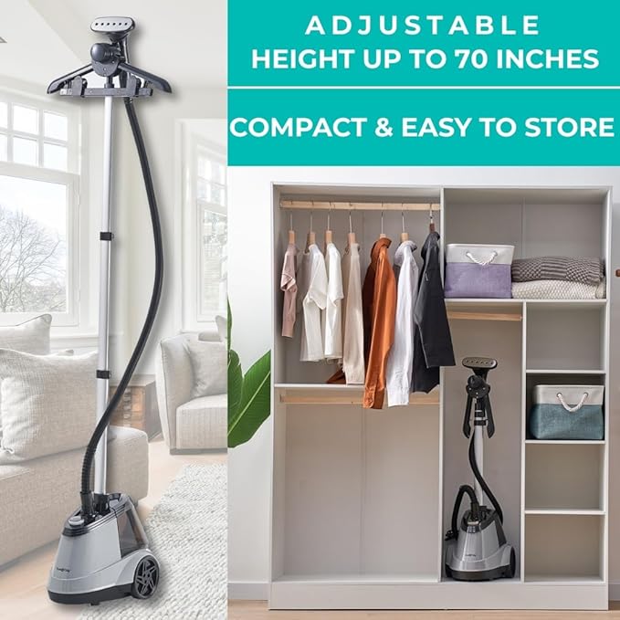 True & Tidy Heavy Duty Commercial Full Size Standing Garment Steamer for Clothes with Extra Large 2.9L (98 oz) Water Tank for 90+ mins of Steam Time, 1800 watts of Powerful Steam, 3 Settings, Gray