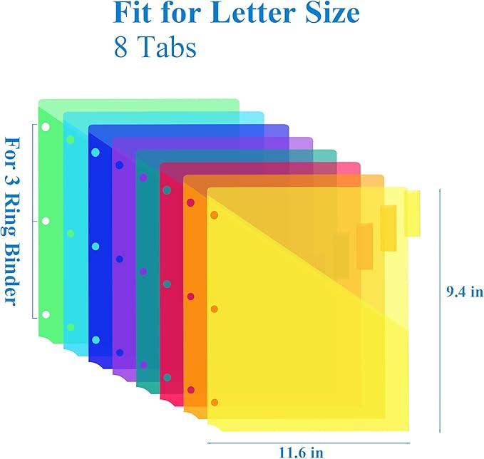40 Pack Plastic 8-Tab Dividers with 2 Pockets and Insertable Tabs, 3 Ring Binder Dividers for Letter Size, Assorted Colors