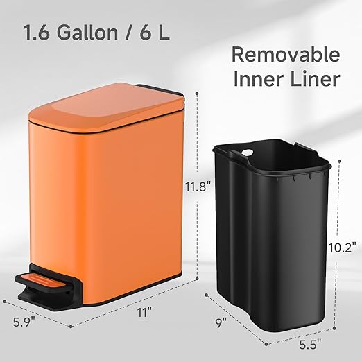 TIPGO Small Bathroom Trash Can with Lid Soft Close, 6 Liter / 1.6 Gallon Stainless Steel Garbage Can with Removable Inner Bucket, Step Pedal, Slim Trash Cans for Bedroom, Office, Kitchen (Orange)