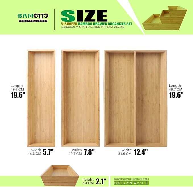 V-Shaped Bamboo Drawer Organizer Set of 3, Kitchen Large and Long Utensil Plate, Flatware & Silverware Storage Box, Wood Drawer Organizer for Bedroom, Living Room (19.6"x5.7" & 7.8" & 12.4")