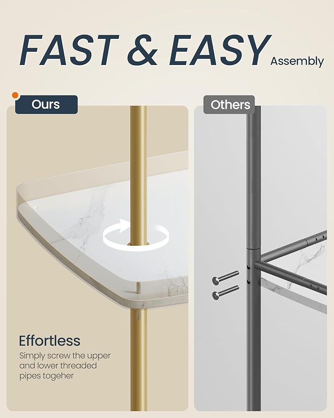 SONGMICS HOME Bar Cart, Home Bar Serving Cart with 3-Tier Shelf, Flexible Wine Bottle Rack and Glass Holder, Drink Beverage Cart, Microwave Cart, Kitchen, Marble White and Pale Gold ULRC291A02