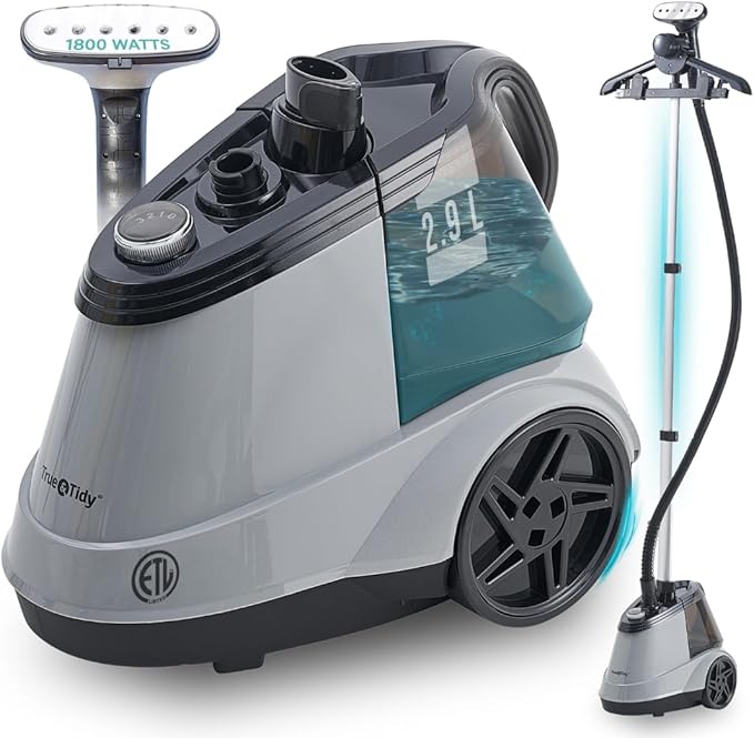 True & Tidy Heavy Duty Commercial Full Size Standing Garment Steamer for Clothes with Extra Large 2.9L (98 oz) Water Tank for 90+ mins of Steam Time, 1800 watts of Powerful Steam, 3 Settings, Gray