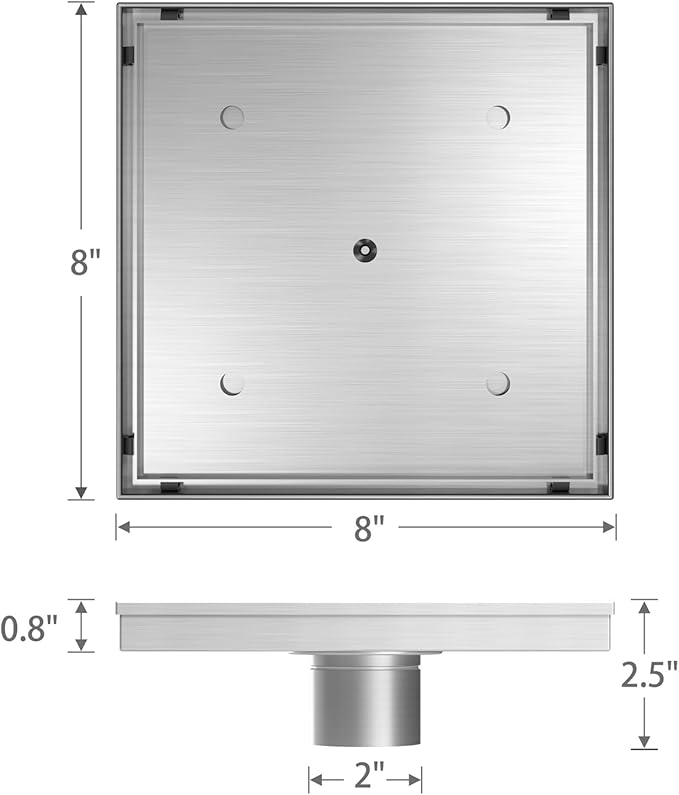 Sharpeye 8 Inch Square Shower Drain with Removable Tile Insert Grate, Brushed 304 Stainless Steel Square Shower Floor Drain, Includes Hair Strainer, CUPC Certified