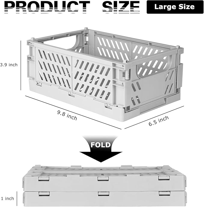 Tixill 2-Pack Mini Foldable Plastic Baskets for Organizing and Storage, Collapsible Storage Crate for Home Kitchen Bedroom Bathroom Office (9.8x6.5x3.8, Grey)