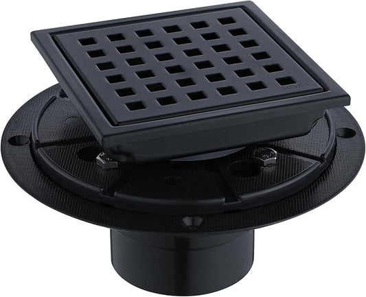 Square Shower Drain 4-Inch with ABS Flange, Matte Black, Removable Grille,Bathroom Stainless Steel Shower Floor Drain