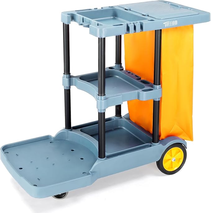 TUFFIOM Commercial Traditional Cleaning Janitorial 3-Shelf Cart, 500 Lbs Capacity Housekeeping Cart, 42.5" L x 18.7" W x 37.6" H, Wheeled with 22 Gallon Yellow Vinyl Bag and Cover w lid, Blue