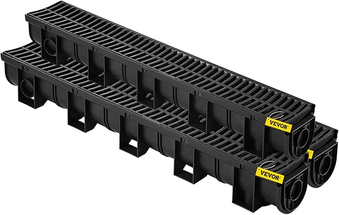 VEVOR Trench Drain System, Channel Drain with Plastic Grate, 5.9x5.1-Inch HDPE Drainage Trench, Black Plastic Garage Floor Drain, 3x39 Trench Drain Grate, with 3 End Caps, for Garden, Driveway-3 Pack