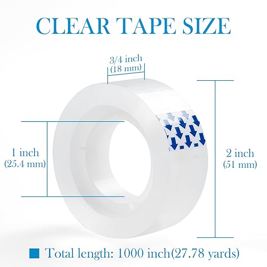 6 Rolls Clear Tape, Transparent Tape Refills for Dispenser, 1 Inch Core, 3/4 x 1000 Inches, Strong Adhesive for Gift Wrapping, Office, School, Home, Desk Supplies & Crafts