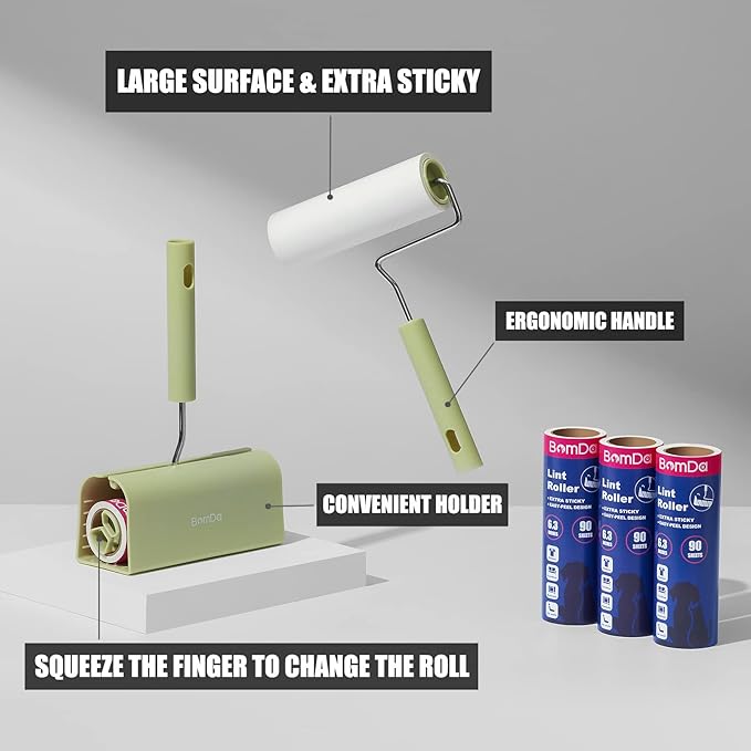 Extra Sticky Large Surface Lint Roller, 6.3'' Giant Lint Roller for Pet Hair, 270 Sheets/ 3 Refills, Long Handle Lint Remover for Clothes, Furniture, Dog & Cat Hair Remover