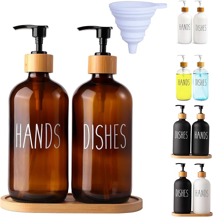 Amber Glass Soap Dispenser Set with Tray, Amber Dish and Hand Soap Dispenser Set, Refillable Reusable Apothecary Soap Pump Dispenser Bottles for Bathroom and Kitchen