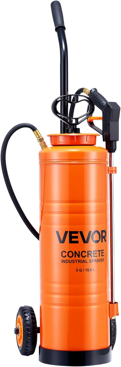 VEVOR Industrial Concrete Sprayer with Wheeled Cart, 5 Gallon Stainless Steel Sprayer, Heavy Duty Tri-Poxy Pump Sprayers, 20.5''Wand, 48" & 120" Hoses, 2 Brass Nozzles for Construction, Lawn & Garden