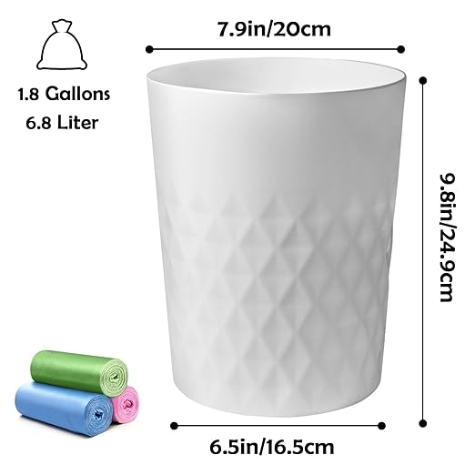 YGJT Small Trash Can, 3 Pack 1.8 Gallons Bathroom Trash Can, Slim Waste Basket, Round Garbage Can, Plastic Trash Bin for Kitchen, Dorm, Bedroom, Office, Living Room, Study, Compact Spaces(White W)