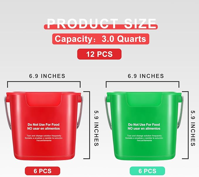 Lallisa 12 Pcs 3 Quart Cleaning Bucket Small Sanitizing Square Bucket Detergent Pail for Home Office Commercial Restaurant Kitchen Bathroom School (Red Green)