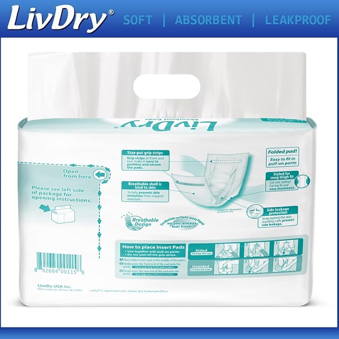 LivDry Incontinence Pad Insert Long Length, Protection for Men and Women, Extra Absorbency with Odor Control (240 Count)