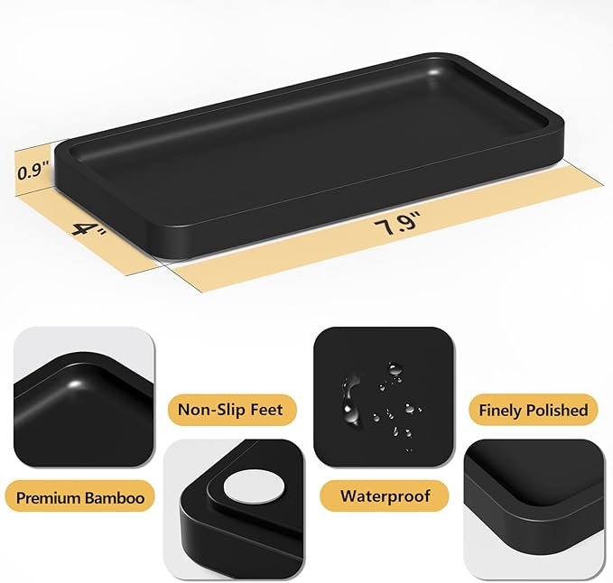 Weenson Small Bathroom Vanity Tray for Countertop Makeup Perfume Jewelry Decor Candle Keys, Small Black Kitchen Tray for Soap Dispenser Spice Bamboo Toilet Tray 7.9" L x 4" W x 0.79" H
