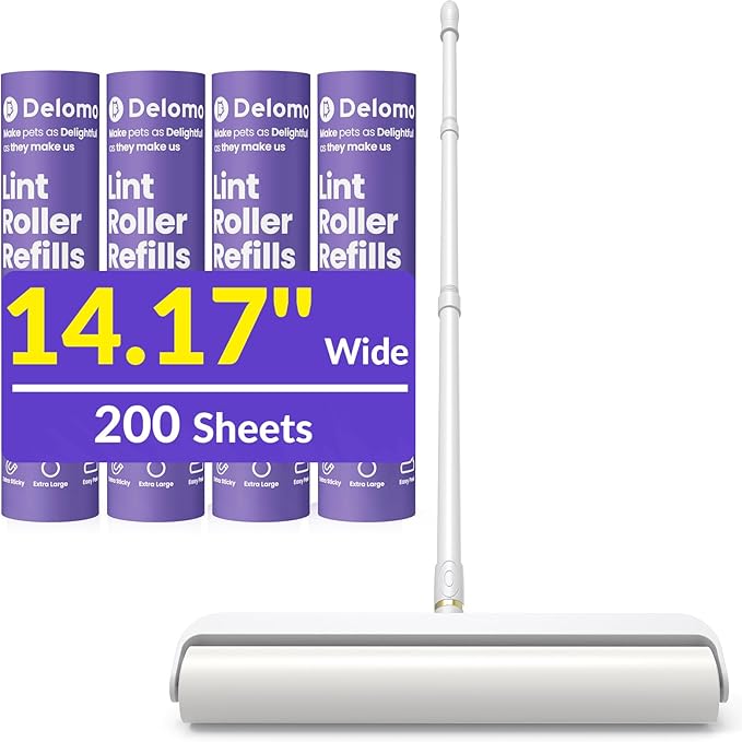 14.17" Extra Large Lint Rollers for Pet Hair, DELOMO Sticky Rollers for Floor with 3 Extendable Handle & 4 Refills (200 Sheets), Long Handle Sticky Mop for Cleaning Carpets, Couch, Furniture, Cars