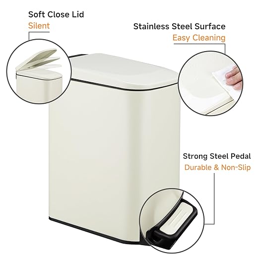 TIPGO Slim Bathroom Trash Can with Lid Soft Close, 6 Liter / 1.6 Gallon Stainless Steel Garbage with Removable Inner Bucket, Small Trash Bins for Bedroom, Office (Cream)