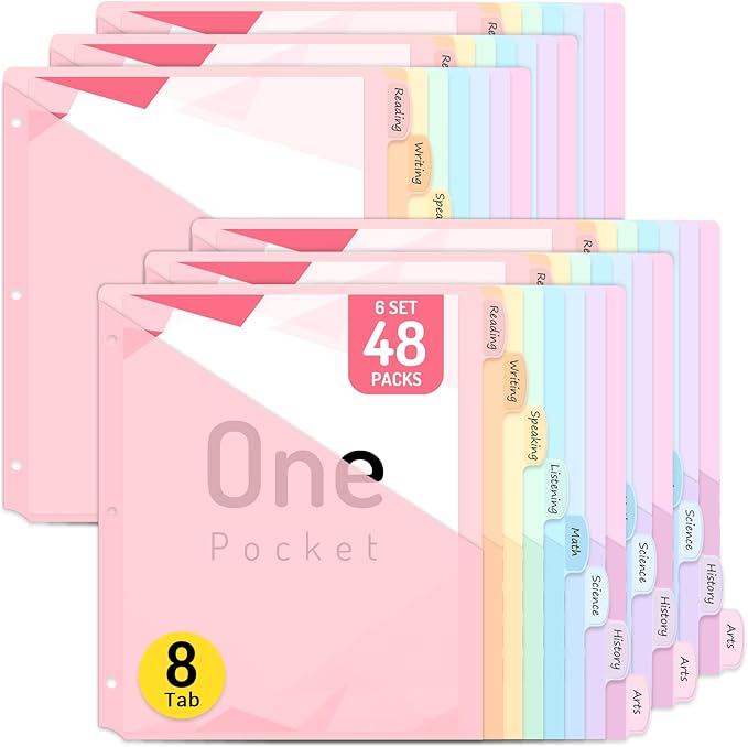 Forvencer 48 Count Dividers for 3 Ring Binder, 8 tabs Binder Dividers with Pocket for US Letter Size, Binder Dividers with Tabs for School Office and Home Organization, Multicolor, 6 Sets