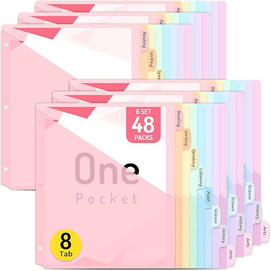 Forvencer 48 Count Dividers for 3 Ring Binder, 8 tabs Binder Dividers with Pocket for US Letter Size, Binder Dividers with Tabs for School Office and Home Organization, Multicolor, 6 Sets