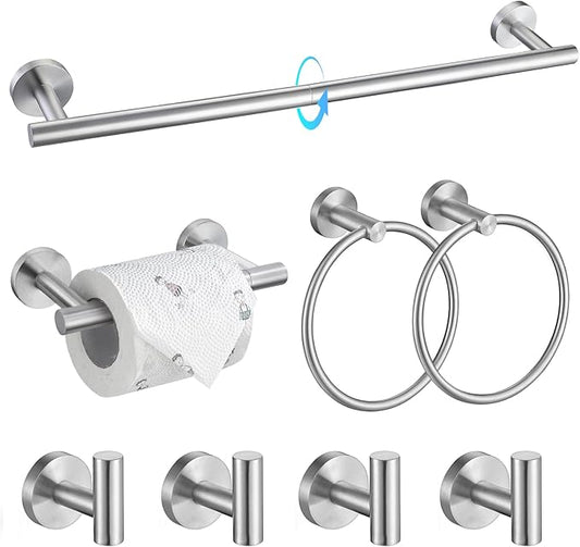 TQKAG 8-Pieces Bathroom Hardware Set Brushed Nickel SUS304 Stainless Steel Bath Towel Bar Set 23.6 Inch Round Bathroom Accessories Kit Wall Mounted