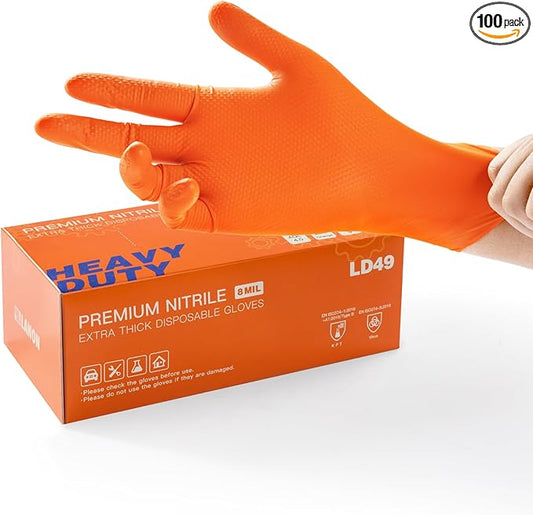 LANON 8mil Orange Disposable Nitrile Gloves, Mechanic, Heavy Duty, Food Safe, Latex Free, Powder Free, Fully-Diamond Textured, Small