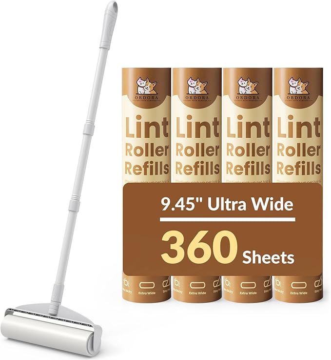 Large Floor Lint Roller Long Handle, 9.45" Wide Super Sticky Pet Hair Lint Remover for Floors Carpet Furniture, 4 Refills 360 Sheets Value Pack,Extendable Handle(18"- 45") – for Dog Cat Owners Homes