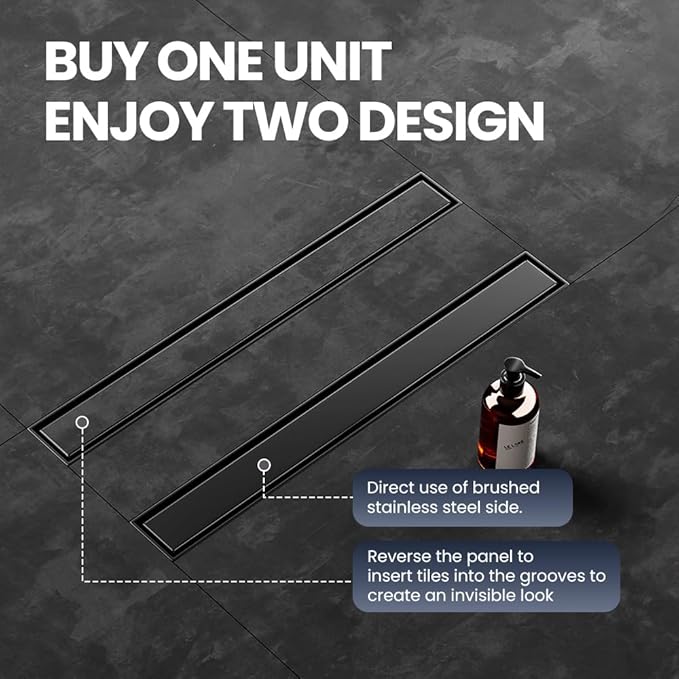 Linear Shower Drain 54 Inch Black, Brushed AISI 304 Stainless Steel Shower Drain with 2-in-1 Tile Insert Panel, for Bathroom, Kitchen, Garage & More