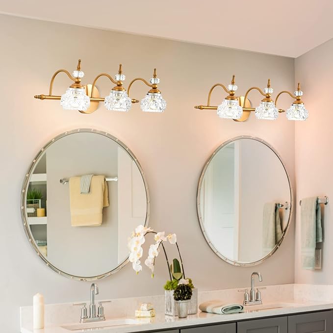 WJShome Vintage Bathroom Vanity Light Fixture, 3 Lights Bathroom Lighting Matte Brushed Antique Brass Finish with Crystal Glass Shade, Vintage Vanity Light for Bathrooms