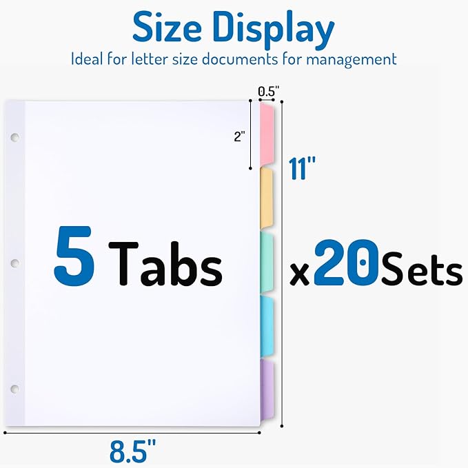 Forvencer Blank Writable Binder Dividers, 1/5 Cut Tabs, 3 Hole Punch Dividers with Reinforced Edge, Binder Dividers with Multicolor Tabs, Letter Size, 20 Sets, 100 Dividers