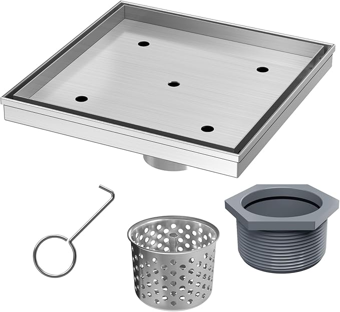 Sharpeye 8 Inch Square Shower Drain with Removable Tile Insert Grate, Brushed 304 Stainless Steel Square Shower Floor Drain, Includes Hair Strainer, CUPC Certified