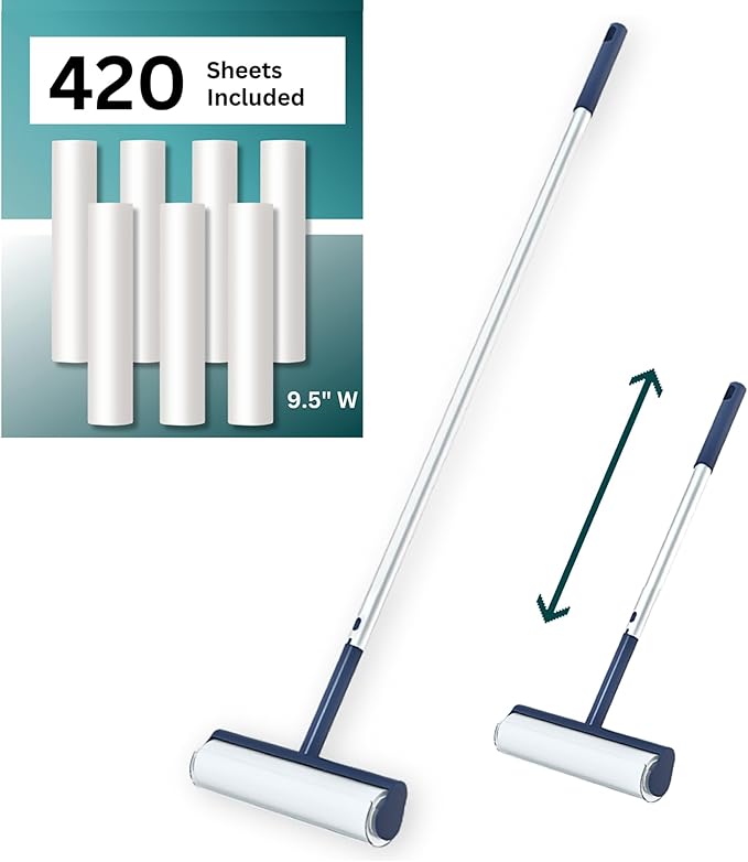 Large Lint Roller with Extra Sticky Roller and 420 Sheets 9.5" Wide, Floor Lint Roller Long Handle, Extendable to 41", Carpet, Couch, Pet Hair, Clothing Cleaning Supplies (Navy Roller + 7 Refills)