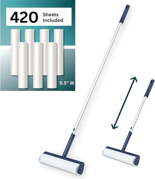 Large Lint Roller with Extra Sticky Roller and 420 Sheets 9.5" Wide, Floor Lint Roller Long Handle, Extendable to 41", Carpet, Couch, Pet Hair, Clothing Cleaning Supplies (Navy Roller + 7 Refills)