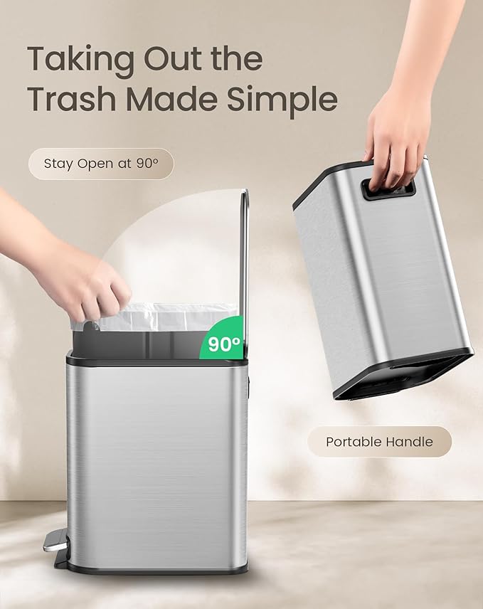 Cesun Small Bathroom Trash Can with Lid Soft Close, Step Pedal, 5 Liter / 1.3 Gallon Stainless Steel Garbage Can with Removable Inner Bucket, Waste Basket for Bathroom, Bedroom (Silver)